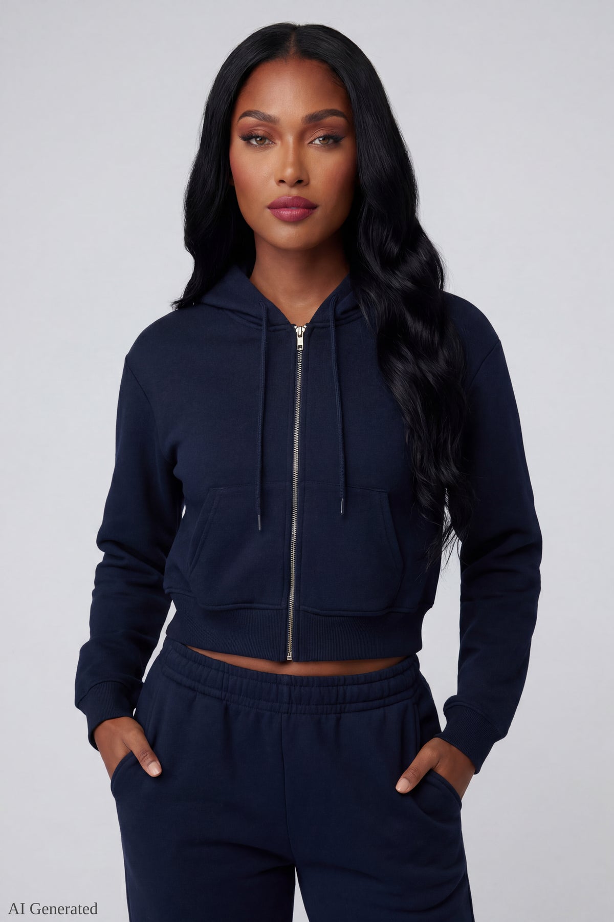 Fleece Cropped Zip Hoodie - Dark Blue