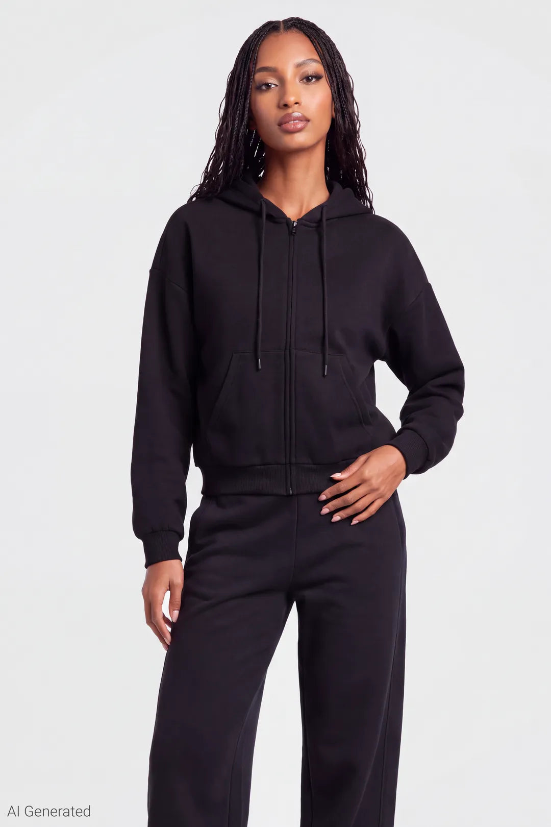 Fleece Boxy Zip Hoodie - Black