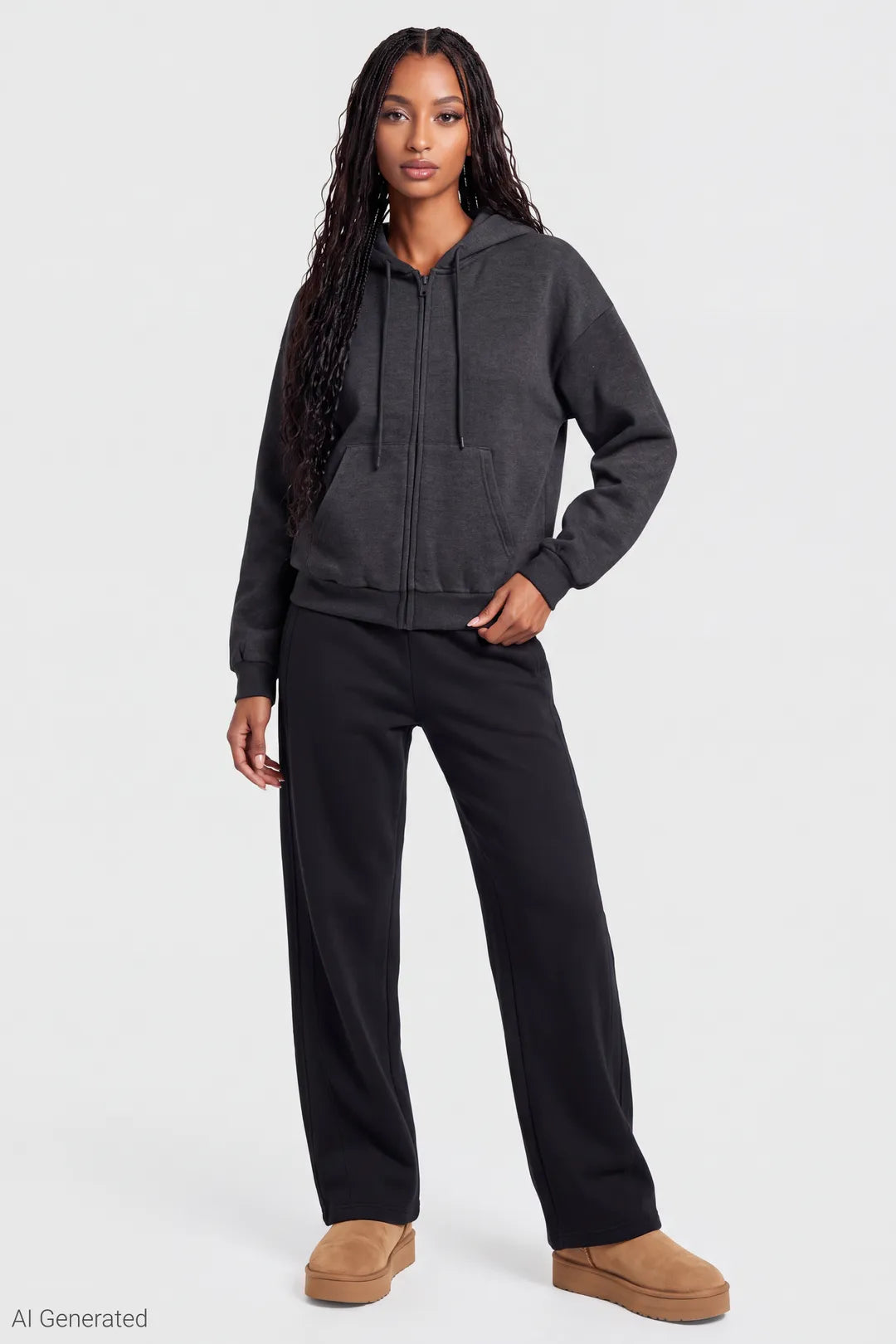 Alt View 3. Fleece Boxy Zip Hoodie - Charcoal