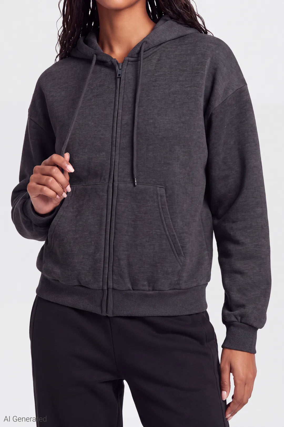 Alt View 4. Fleece Boxy Zip Hoodie - Charcoal