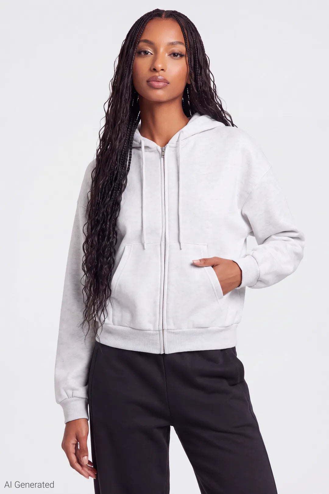 Fleece Boxy Zip Hoodie - Light Grey