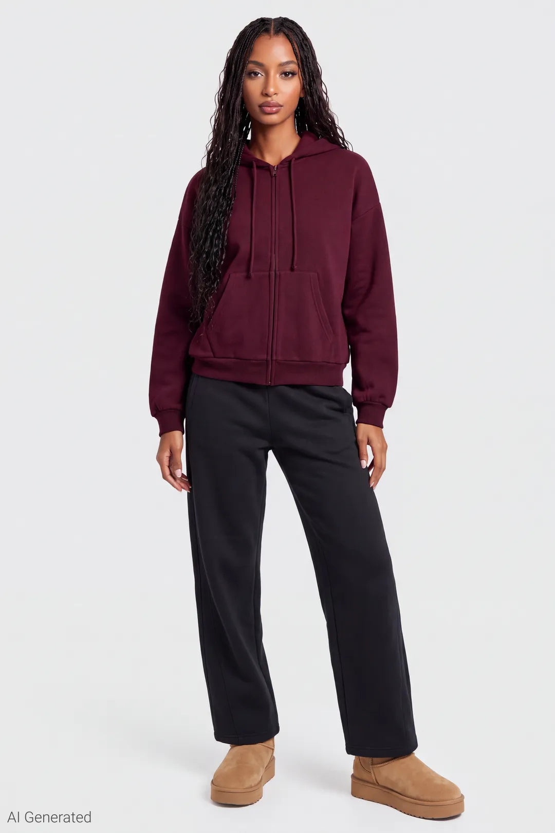 Alt View 3. Fleece Boxy Zip Hoodie - Burgundy