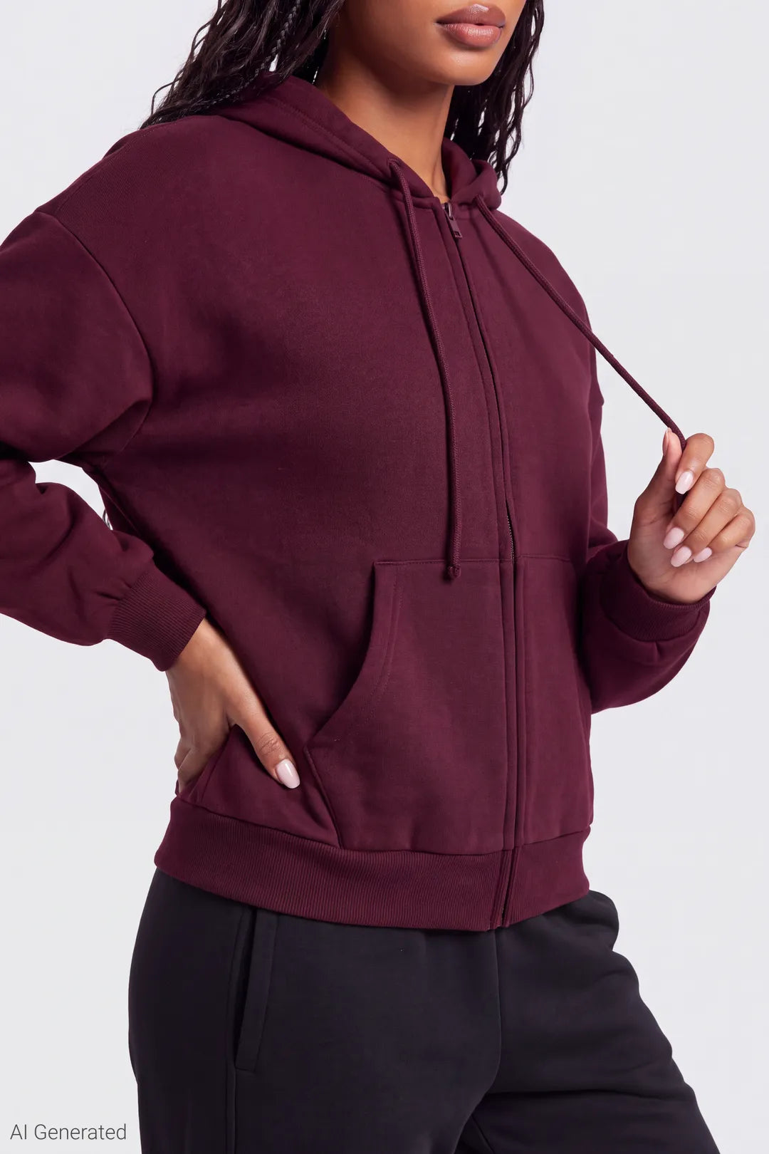 Alt View 4. Fleece Boxy Zip Hoodie - Burgundy