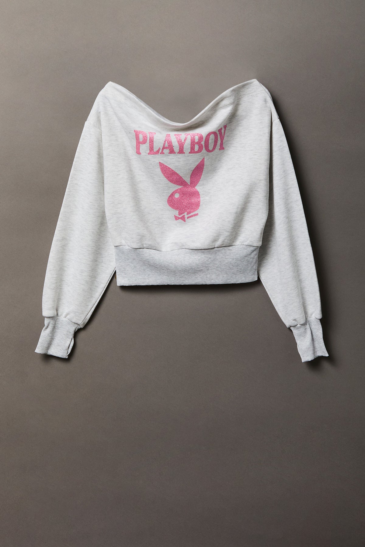 Playboy Fleece Off Shoulder Sweatshirt - Light Grey