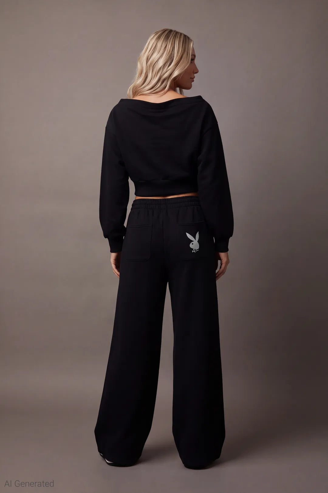 Alt View 2. Playboy Fleece Off Shoulder Sweatshirt - Black - Full Back - AI Generated - Black