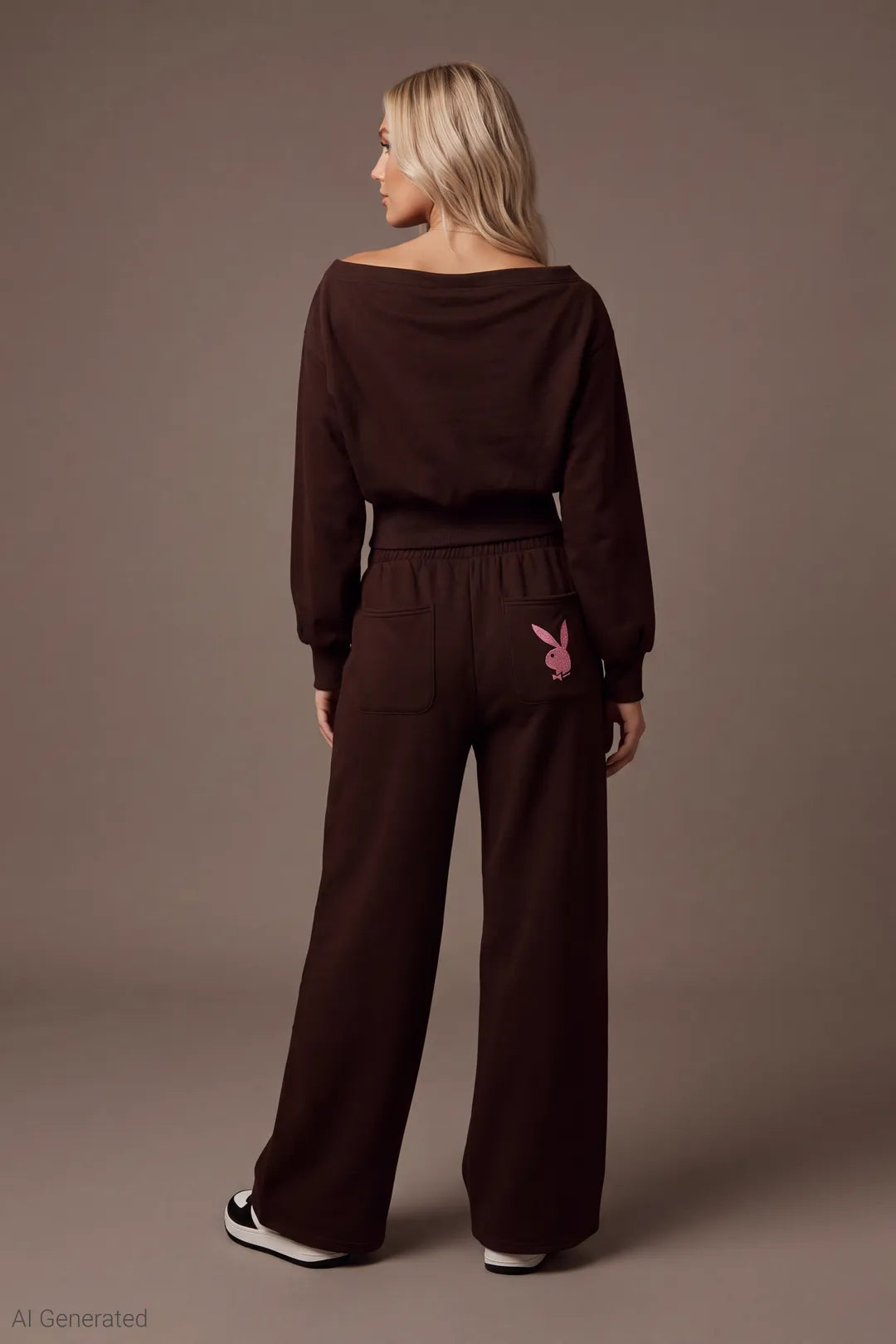 Alt View 2. Playboy Fleece Off Shoulder Sweatshirt - Brown - Full Back - AI Generated - Brown