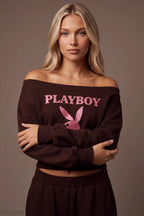Playboy Fleece Off Shoulder Sweatshirt - Brown - Close-Up Front - AI Generated