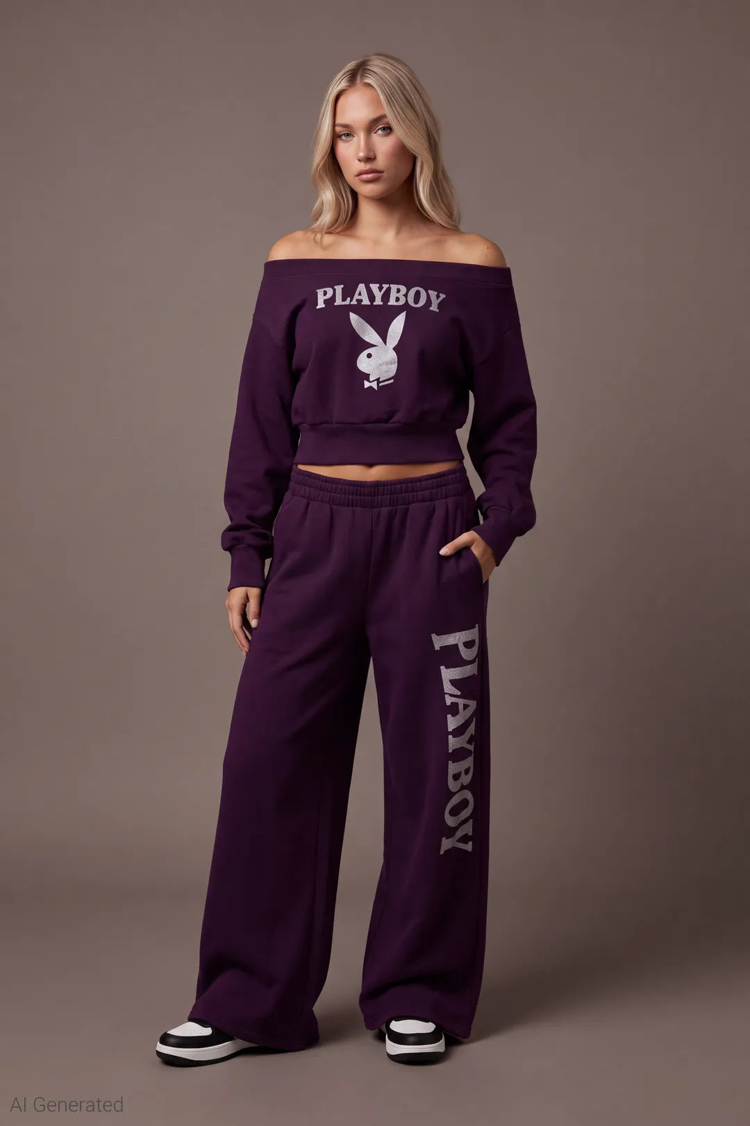 Alt View 3. Playboy Fleece Off Shoulder Sweatshirt - Purple - Full Front - AI Generated - Purple