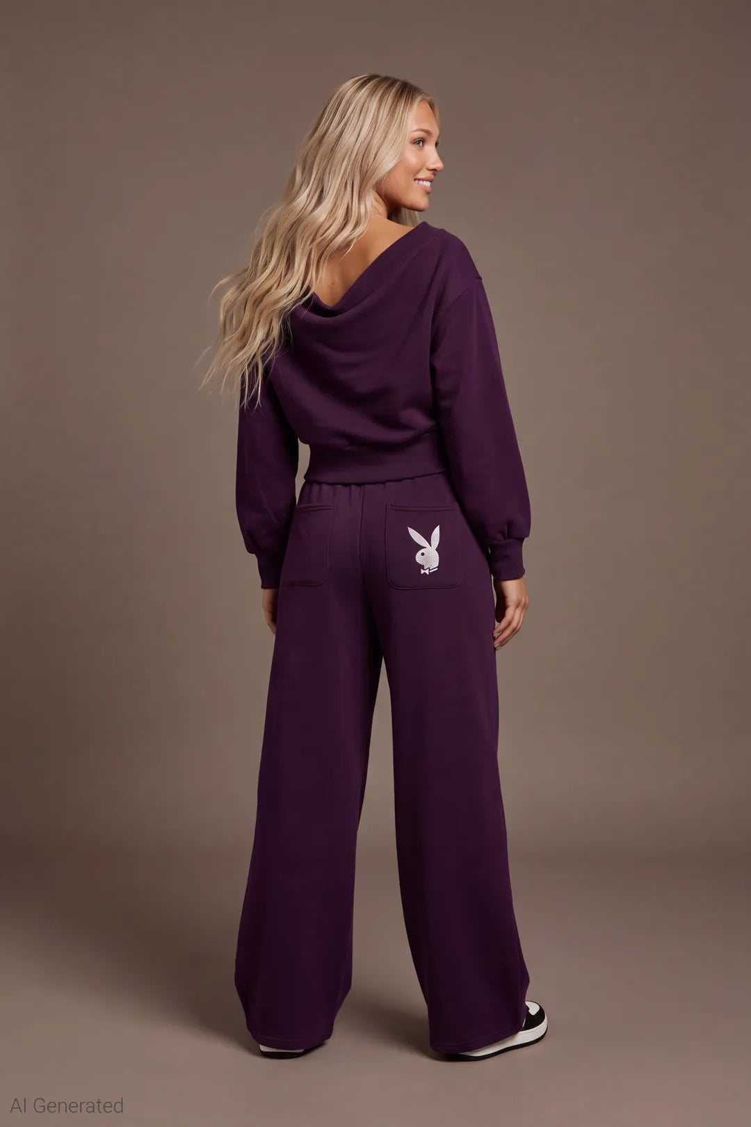 Alt View 2. Playboy Fleece Off Shoulder Sweatshirt - Purple - Full Back - AI Generated - Purple