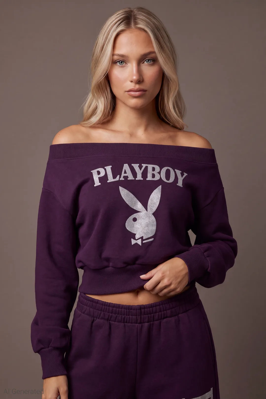 Playboy Fleece Off Shoulder Sweatshirt - Purple - Close-Up Front - AI Generated - Purple