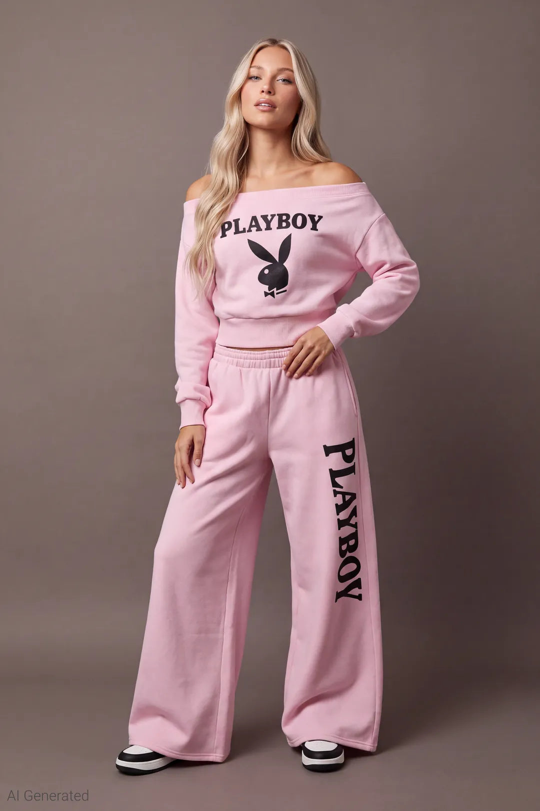 Alt View 3. Playboy Fleece Off Shoulder Sweatshirt - Light Pink - Full Front - AI Generated - Light Pink