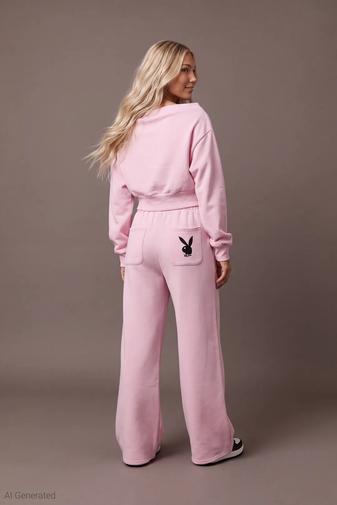 Alt View 2. Playboy Fleece Off Shoulder Sweatshirt - Light Pink - Full Back - AI Generated - Light Pink