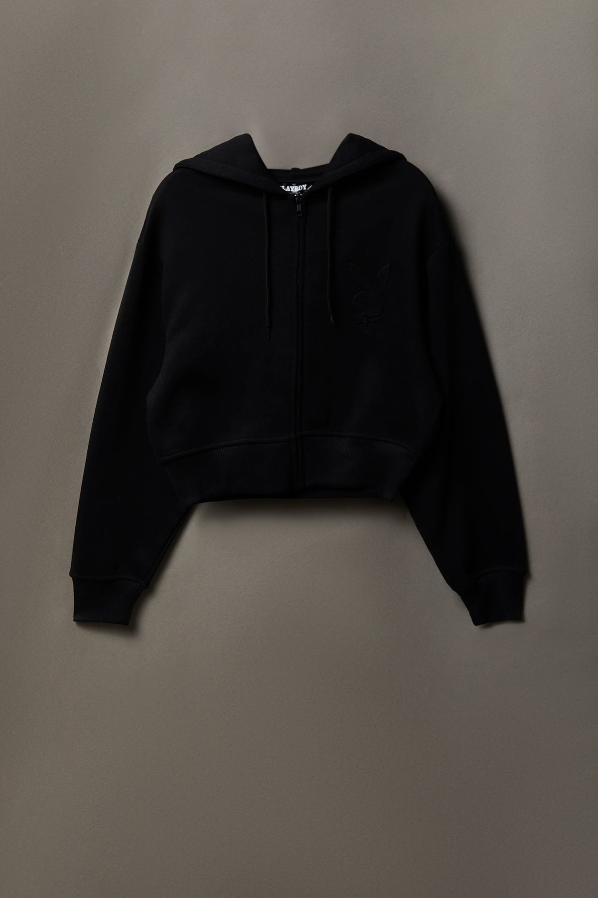 Playboy Embossed Cropped Zip Fleece Hoodie - Black