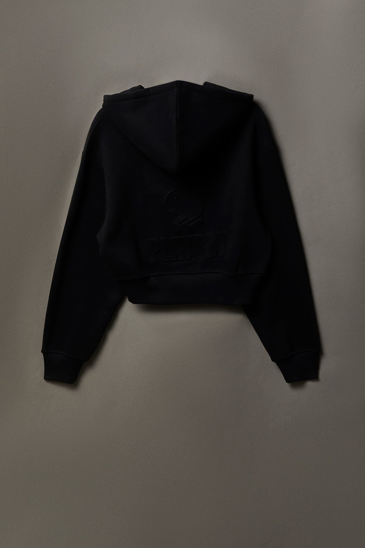 Alt View 2. Playboy Embossed Cropped Zip Fleece Hoodie - Black
