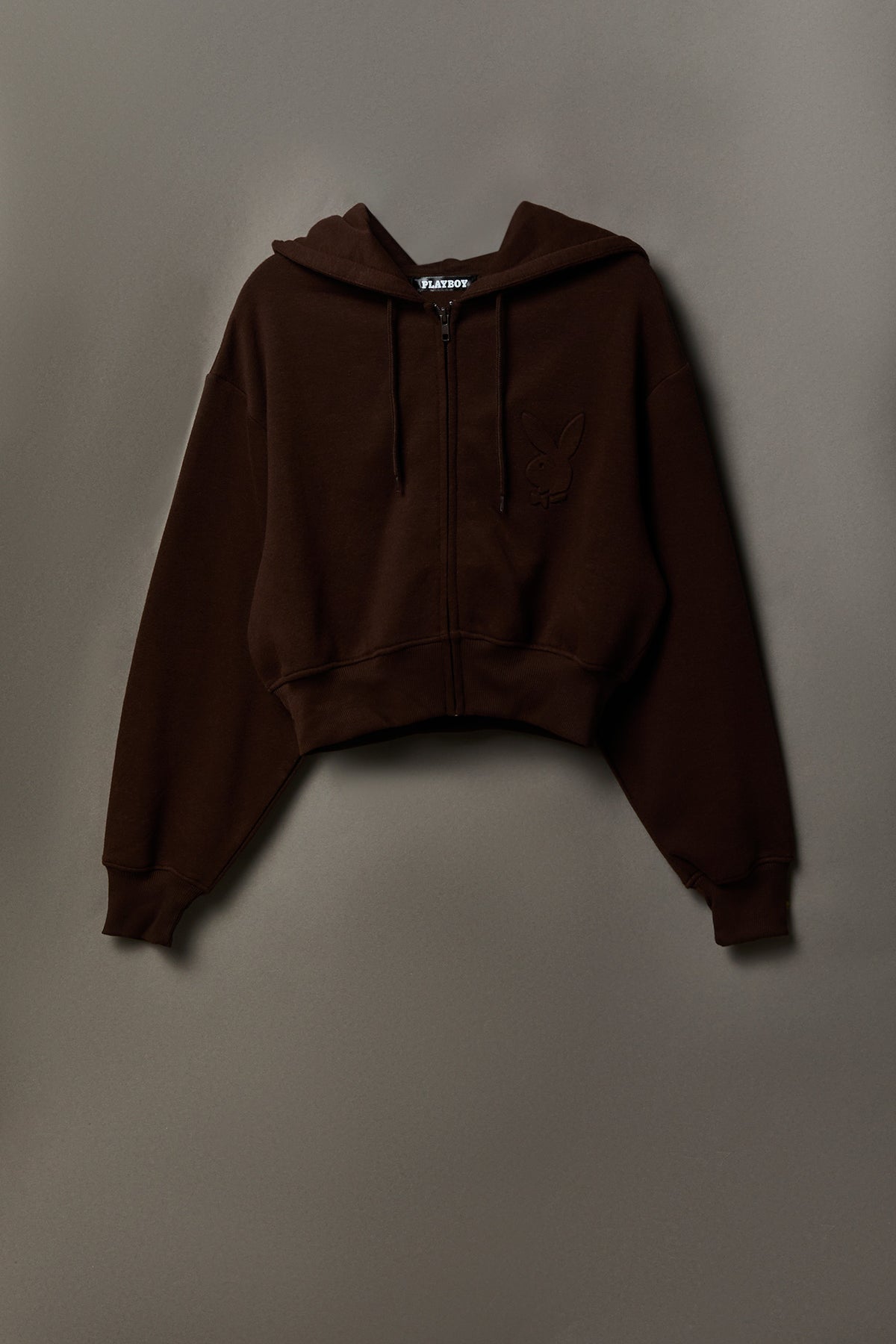 Playboy Embossed Cropped Zip Fleece Hoodie - Brown