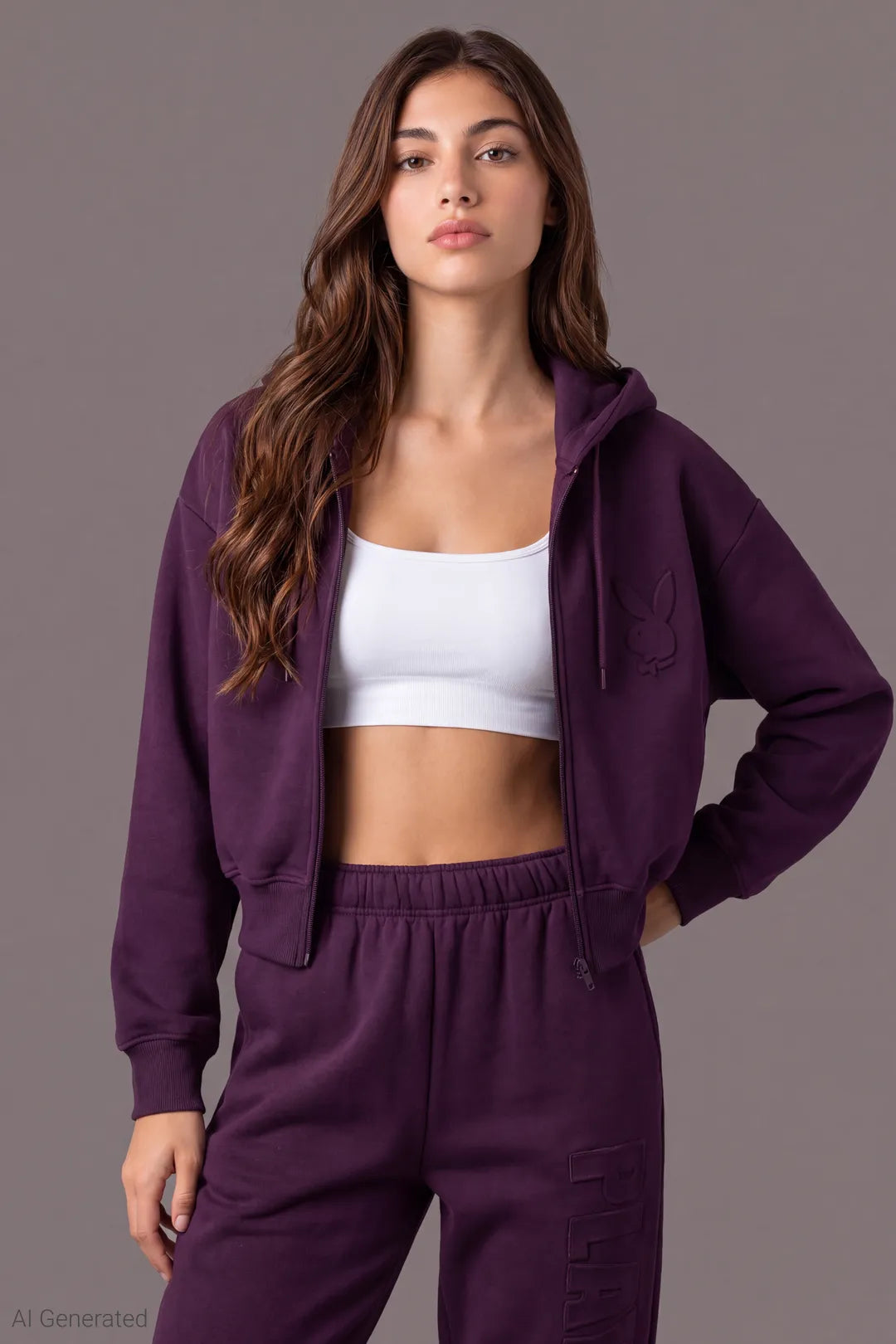 Playboy Embossed Cropped Zip Fleece Hoodie - Purple