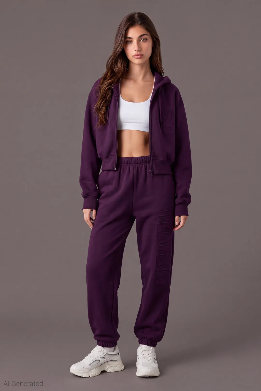 Alt View 2. Playboy Embossed Cropped Zip Fleece Hoodie - Purple