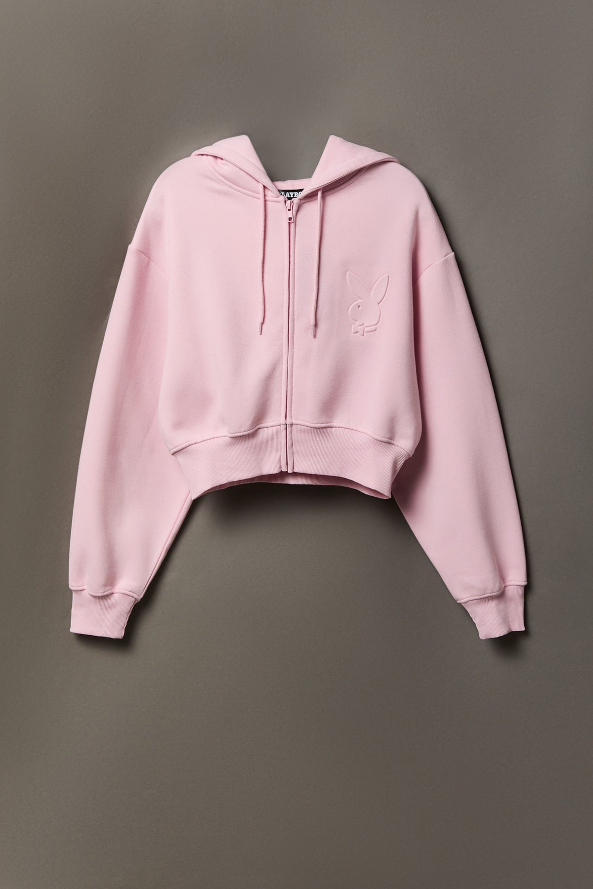 Playboy Embossed Cropped Zip Fleece Hoodie - Light Pink