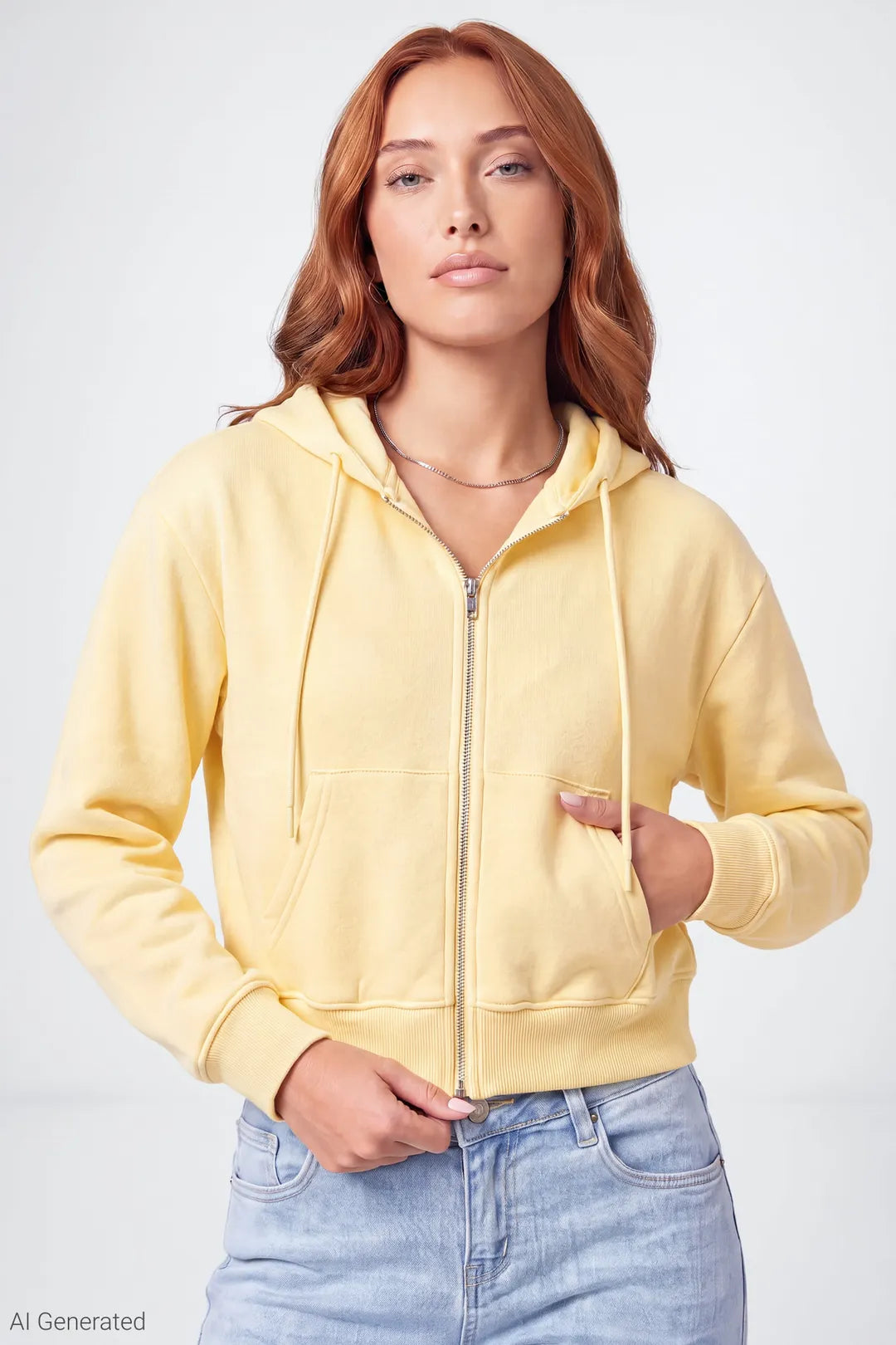Fleece Cropped Zip Hoodie - Yellow