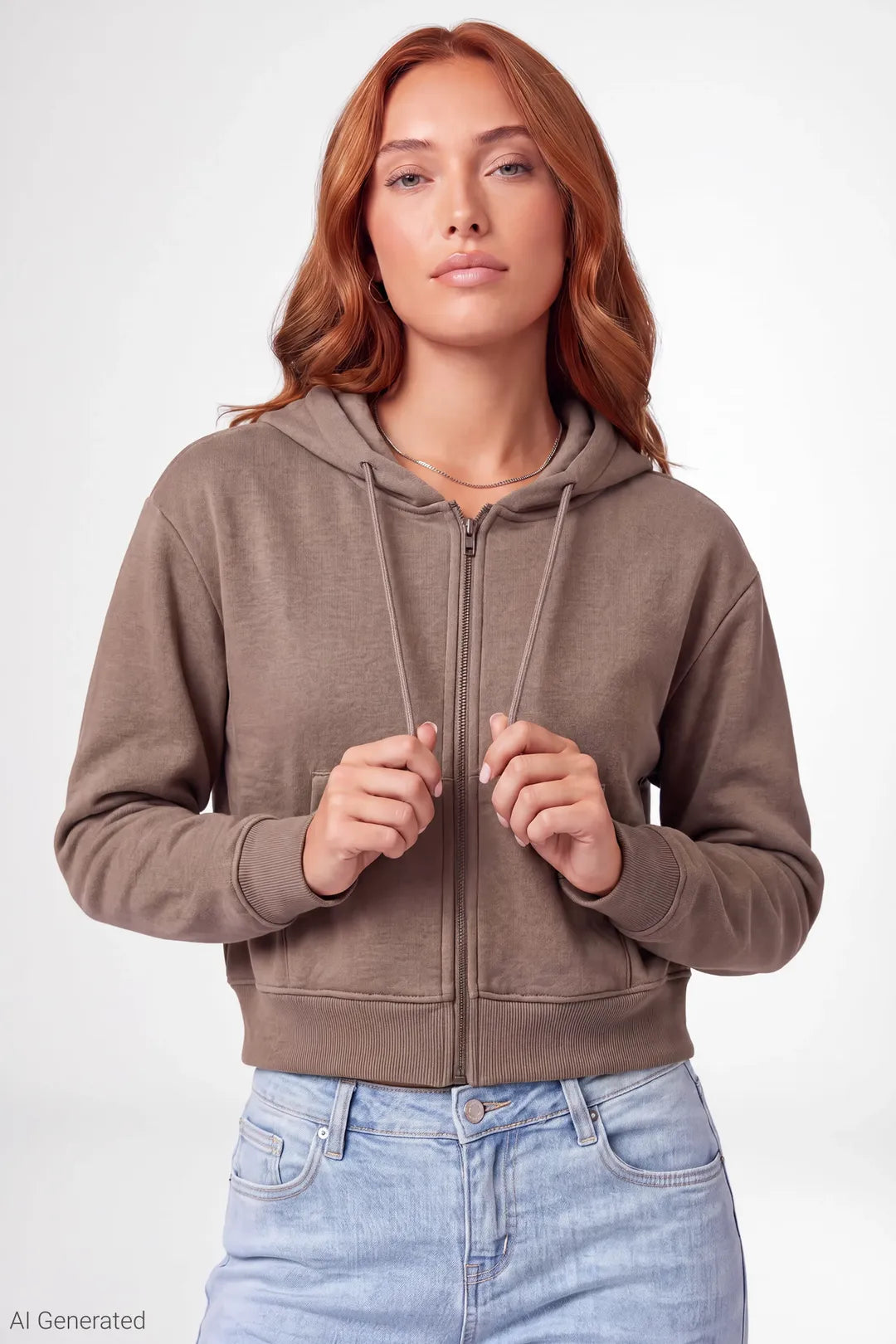 Fleece Cropped Zip Hoodie - Taupe