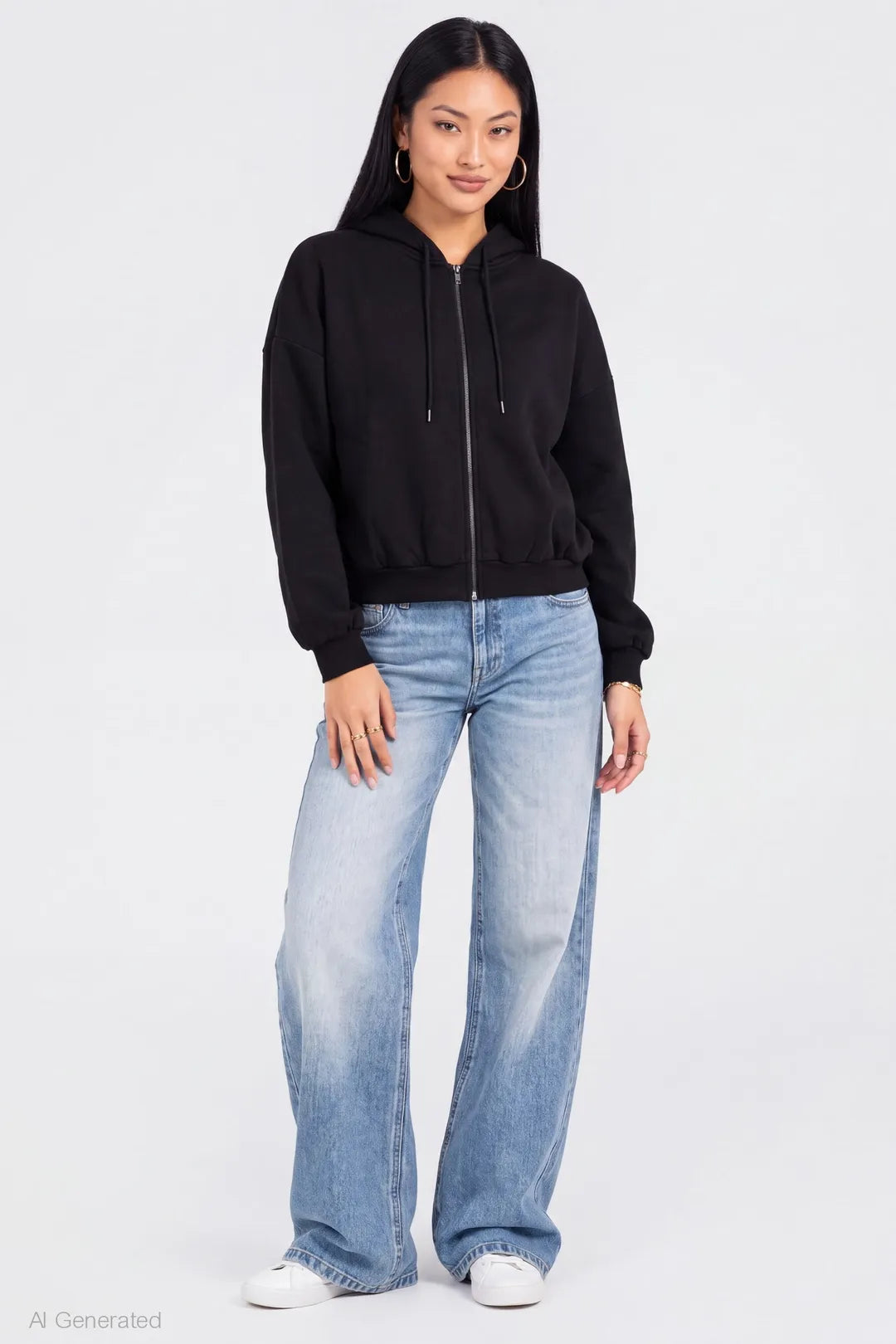 Alt View 3. Fleece Boxy Zip Hoodie - Black