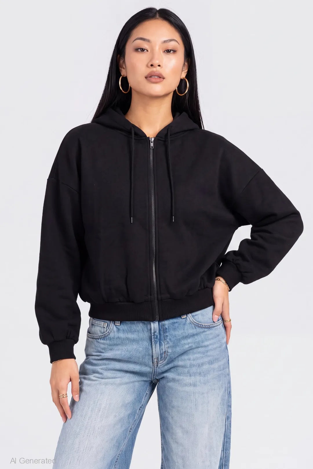 Fleece Boxy Zip Hoodie - Black