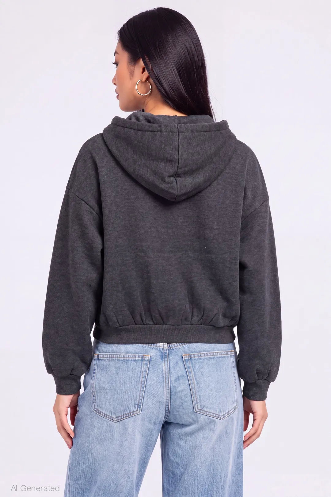 Alt View 2. Fleece Boxy Zip Hoodie - Charcoal