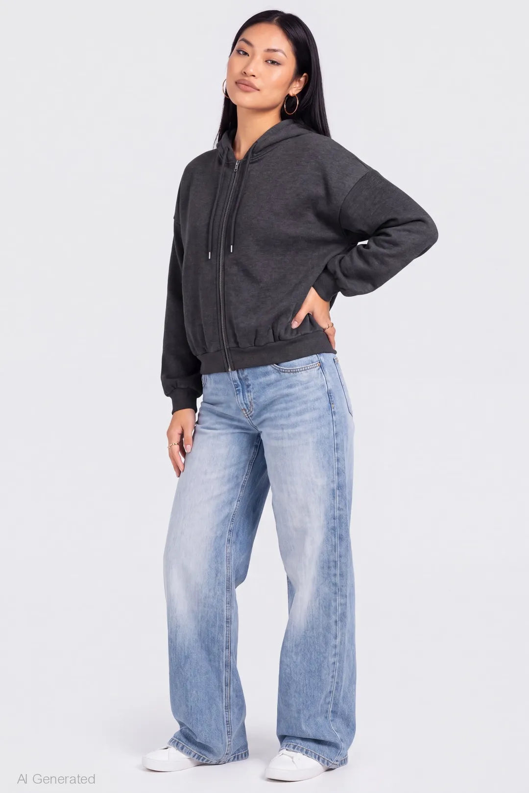 Alt View 3. Fleece Boxy Zip Hoodie - Charcoal