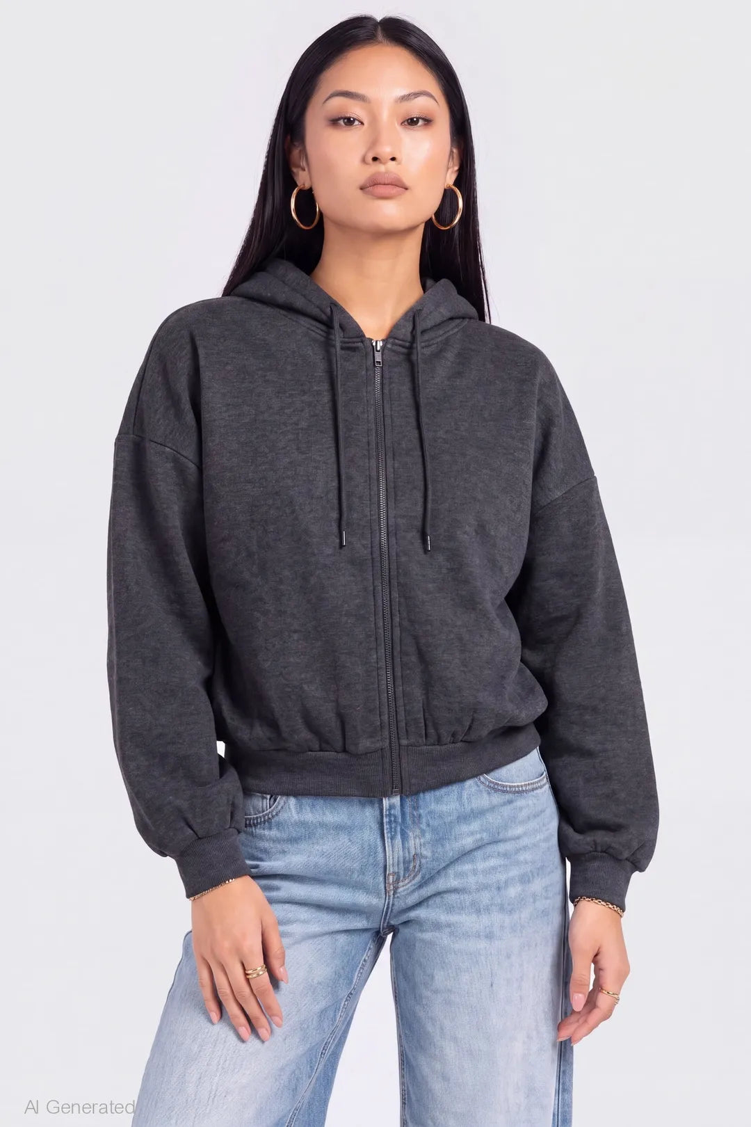 Fleece Boxy Zip Hoodie - Charcoal