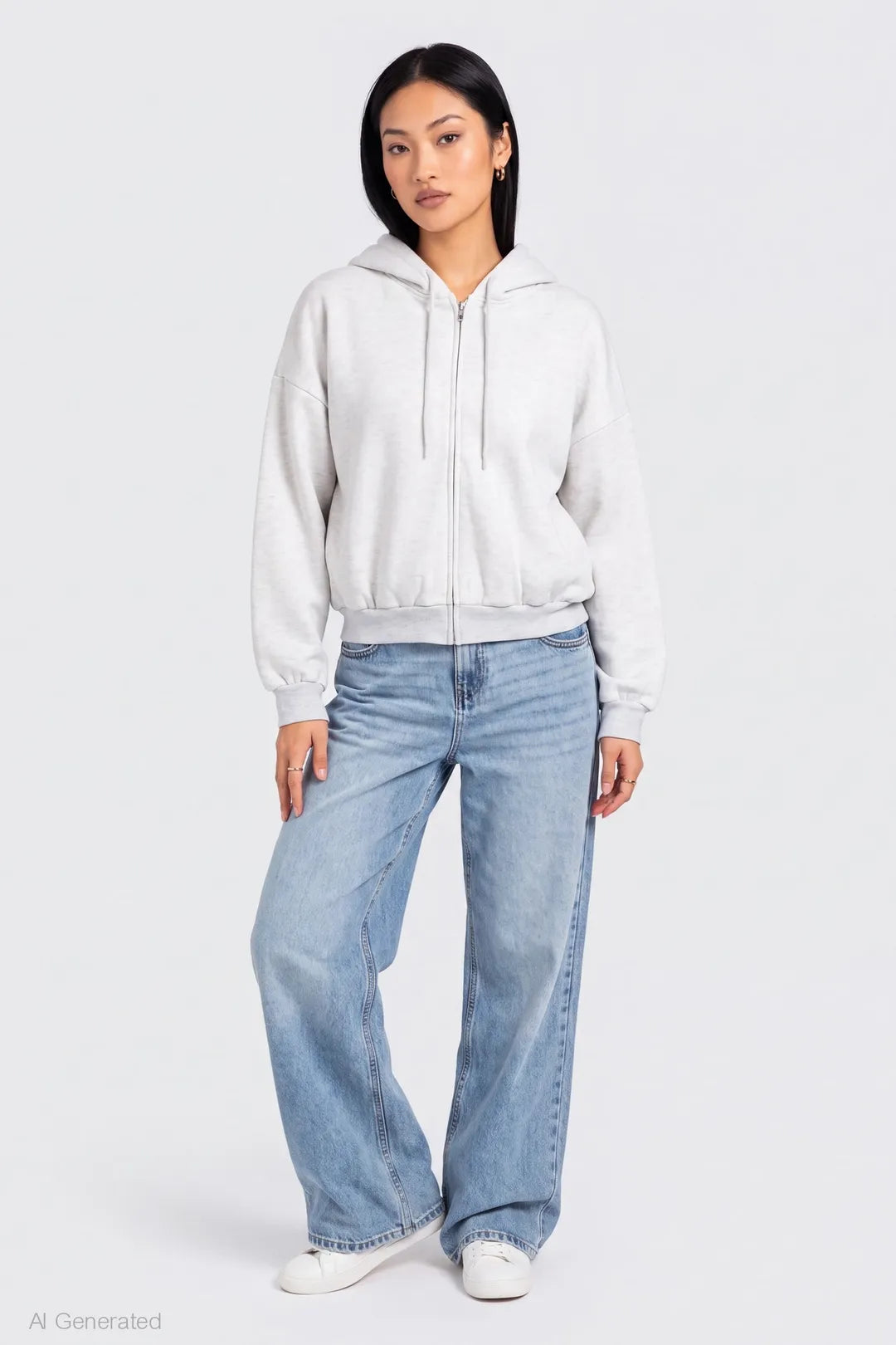 Alt View 3. Fleece Boxy Zip Hoodie - Light Grey
