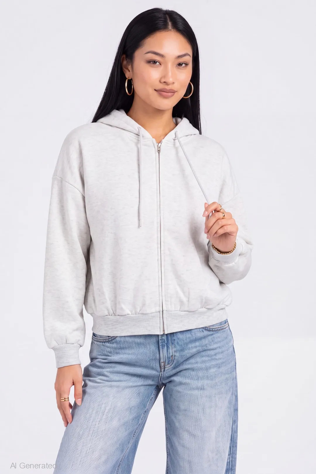 Fleece Boxy Zip Hoodie - Light Grey