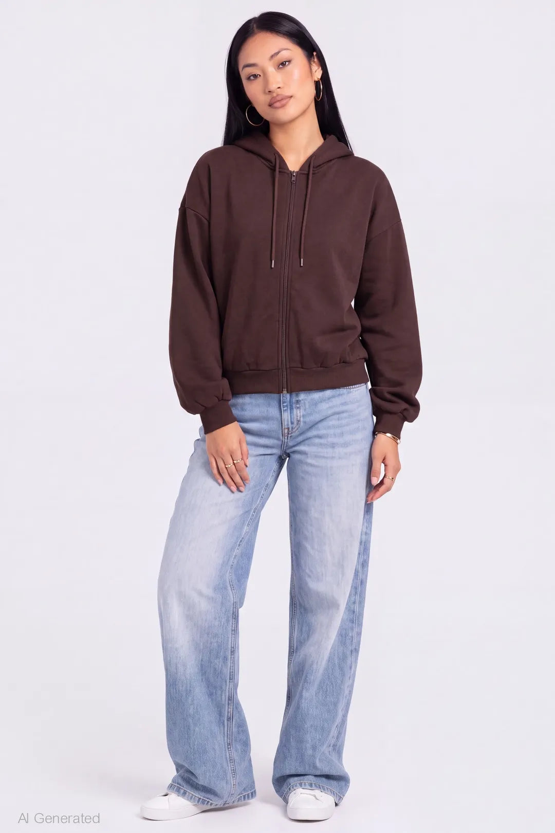 Alt View 3. Fleece Boxy Zip Hoodie - Brown