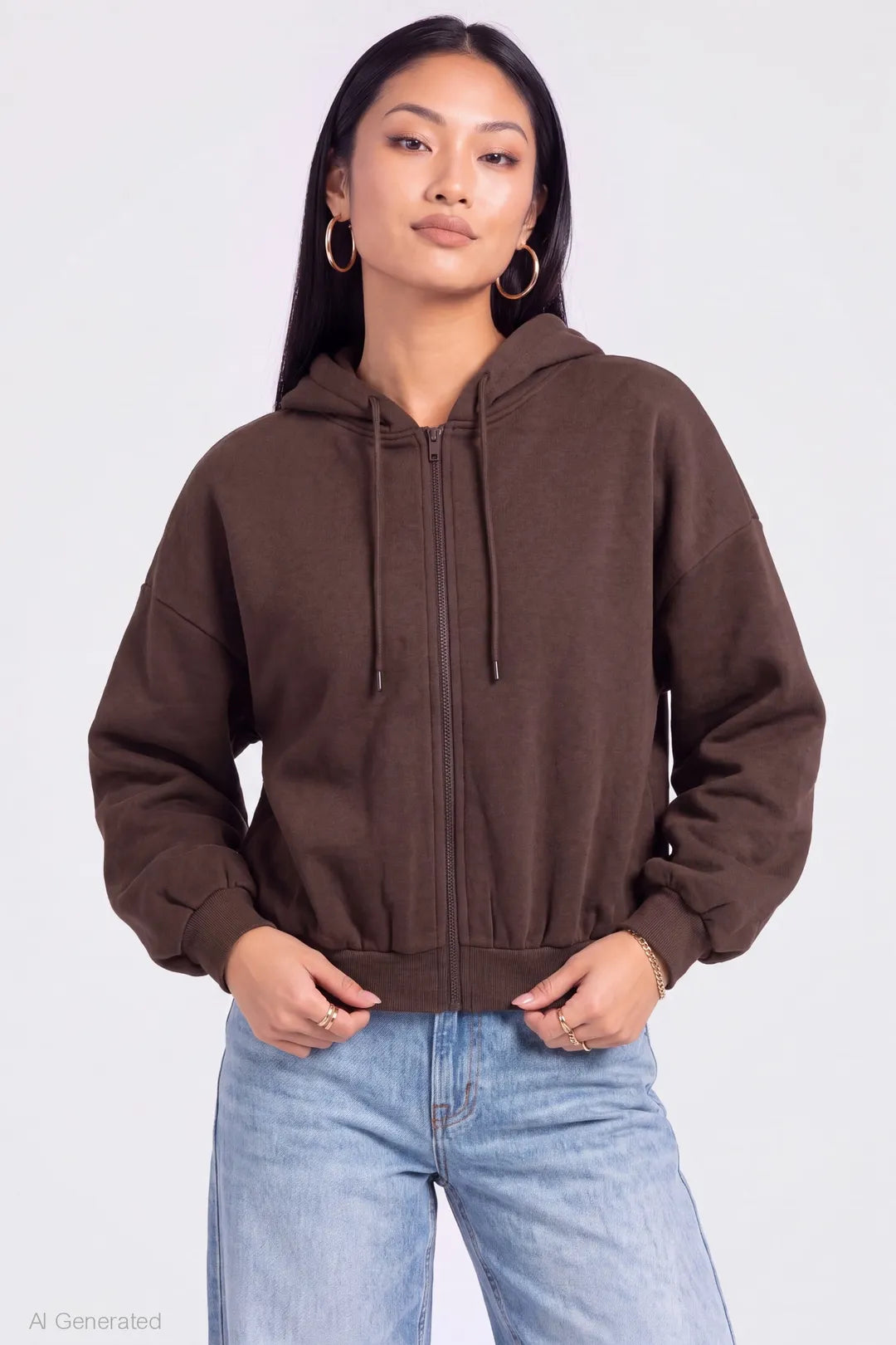 Fleece Boxy Zip Hoodie - Brown