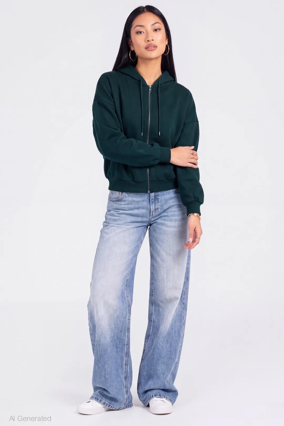Alt View 3. Fleece Boxy Zip Hoodie - Green