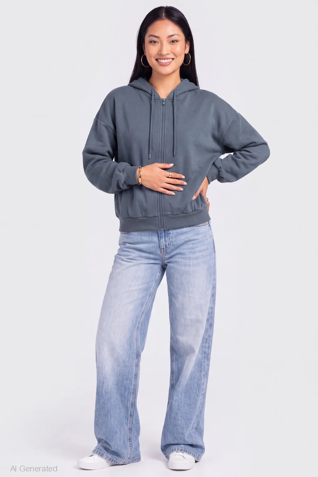 Alt View 3. Fleece Boxy Zip Hoodie - Dark Blue