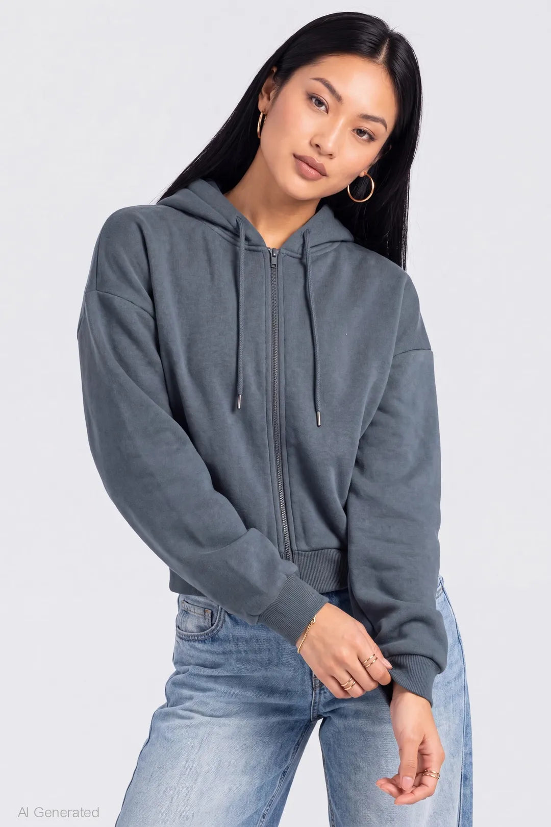 Fleece Boxy Zip Hoodie - Dark Blue