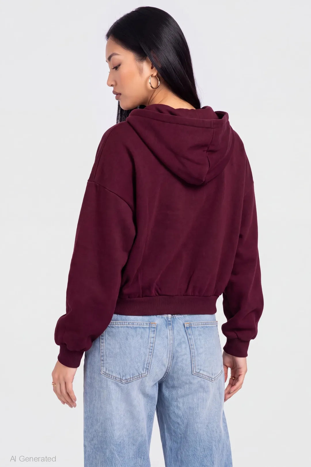 Alt View 2. Fleece Boxy Zip Hoodie - Burgundy