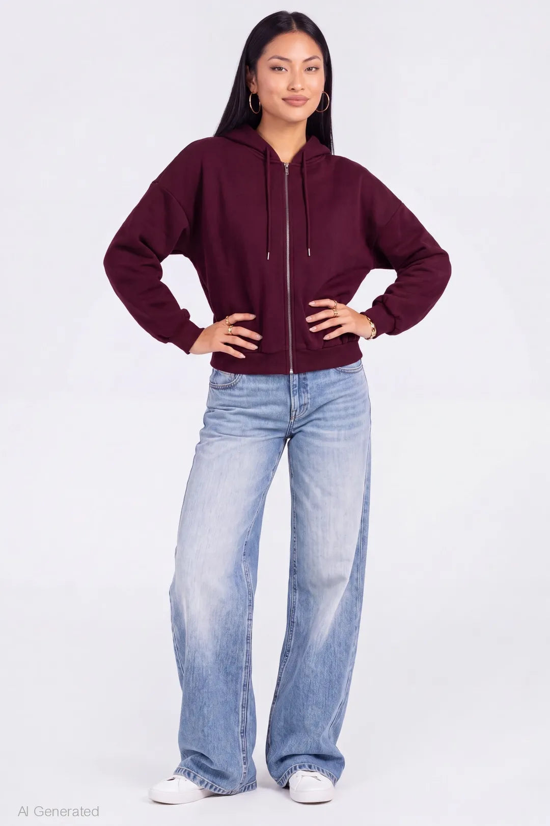 Alt View 3. Fleece Boxy Zip Hoodie - Burgundy