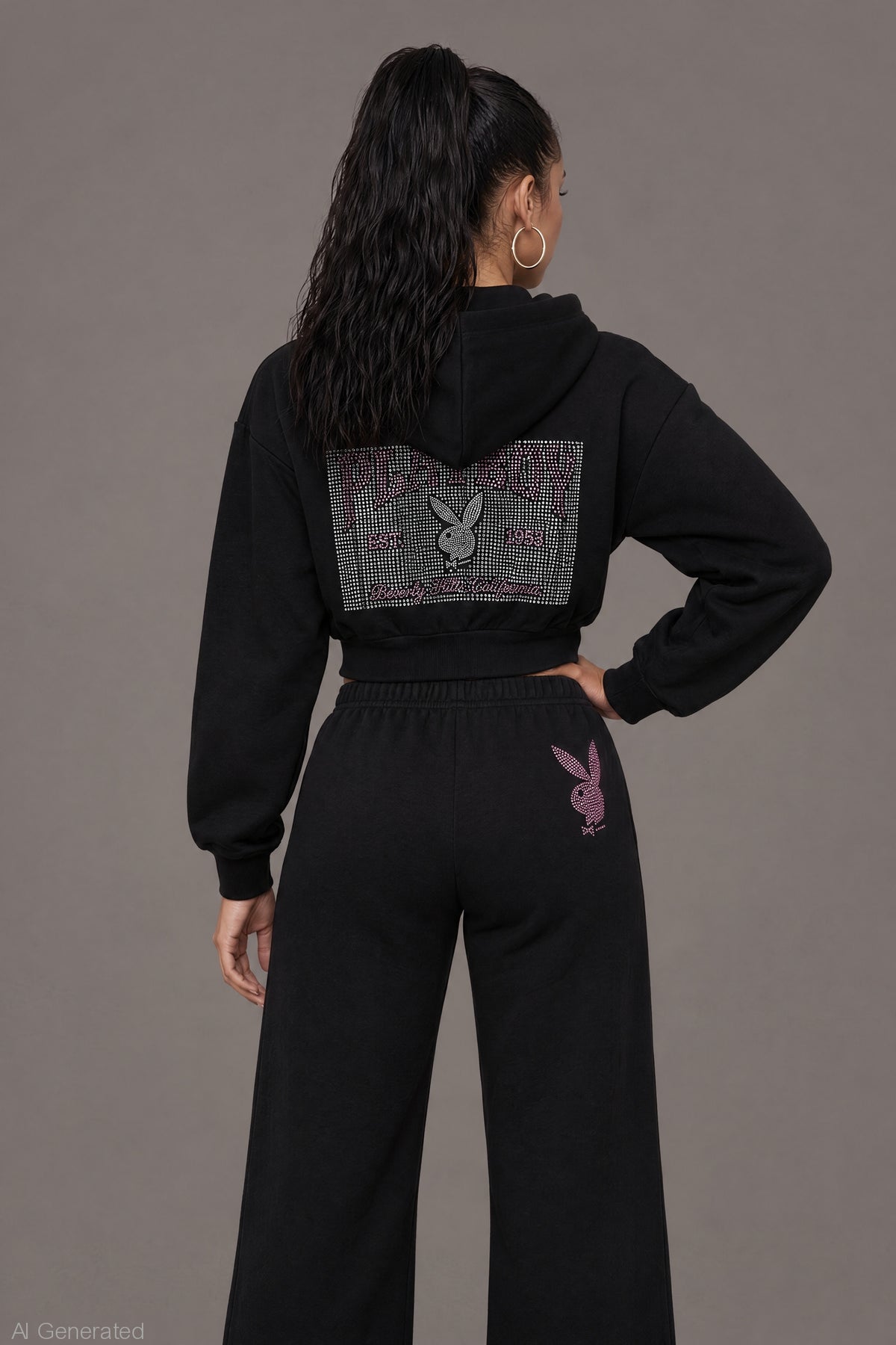 Alt View 2. Playboy Rhinestone Cropped Zip Hoodie - Black