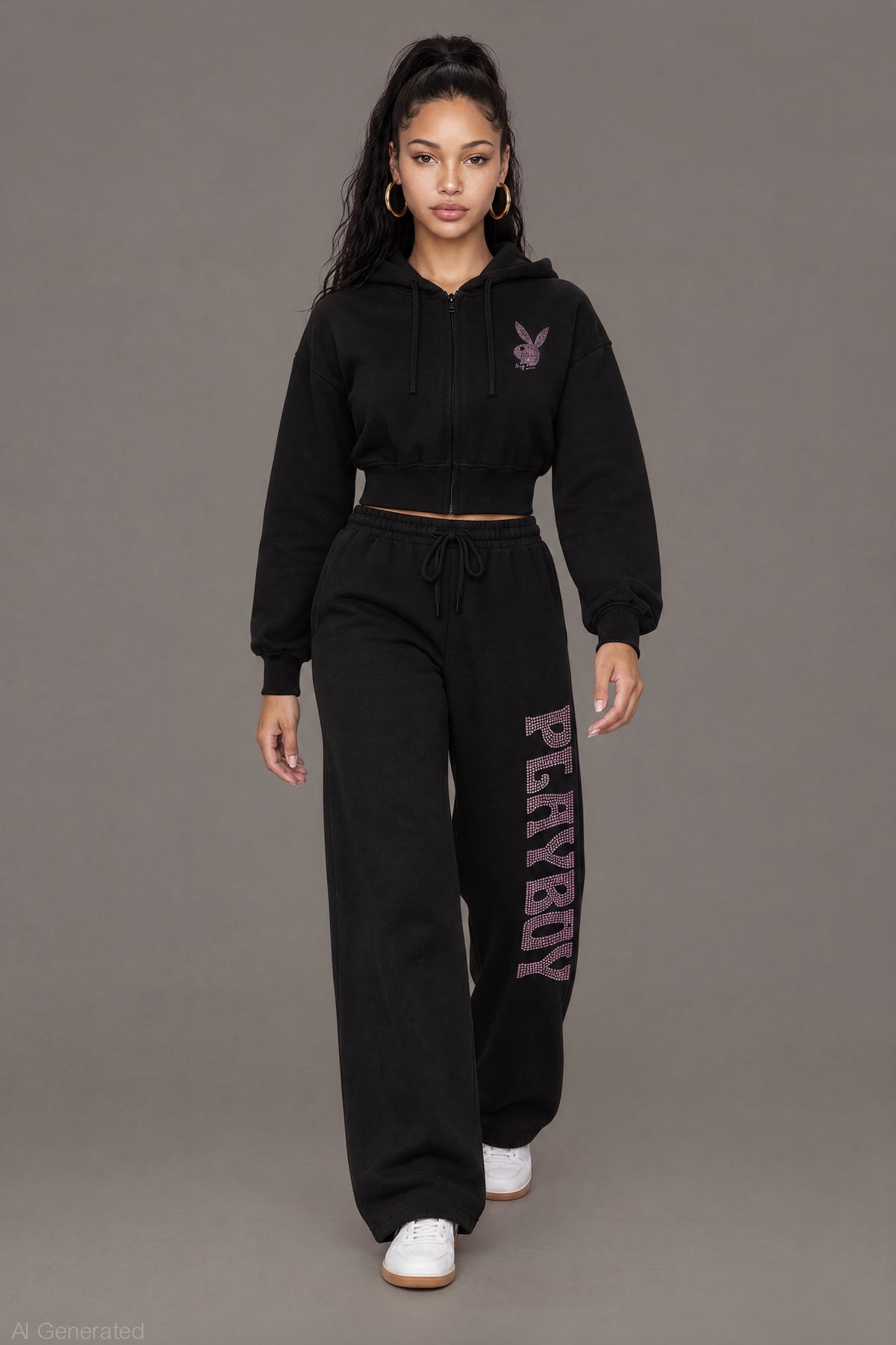 Alt View 3. Playboy Rhinestone Cropped Zip Hoodie - Black