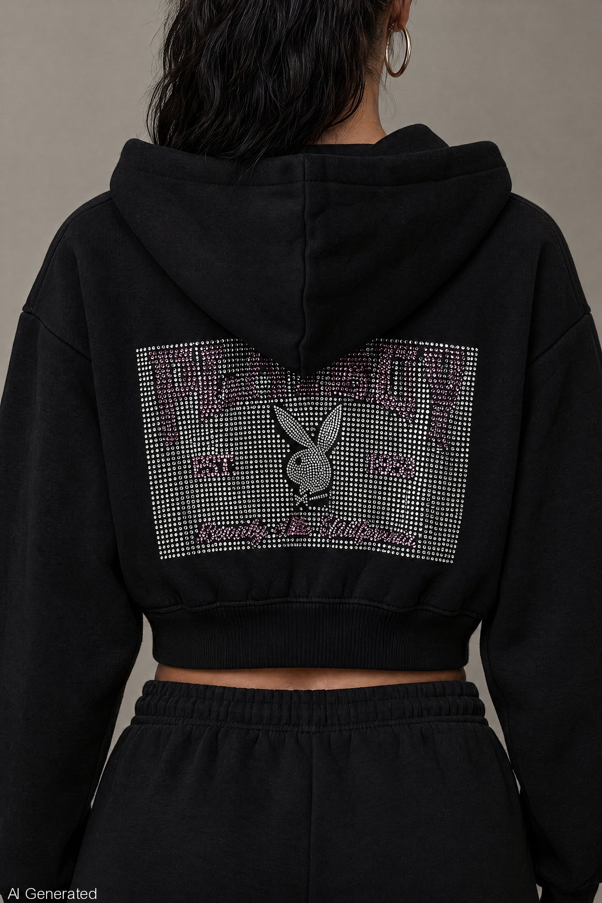Alt View 4. Playboy Rhinestone Cropped Zip Hoodie - Black