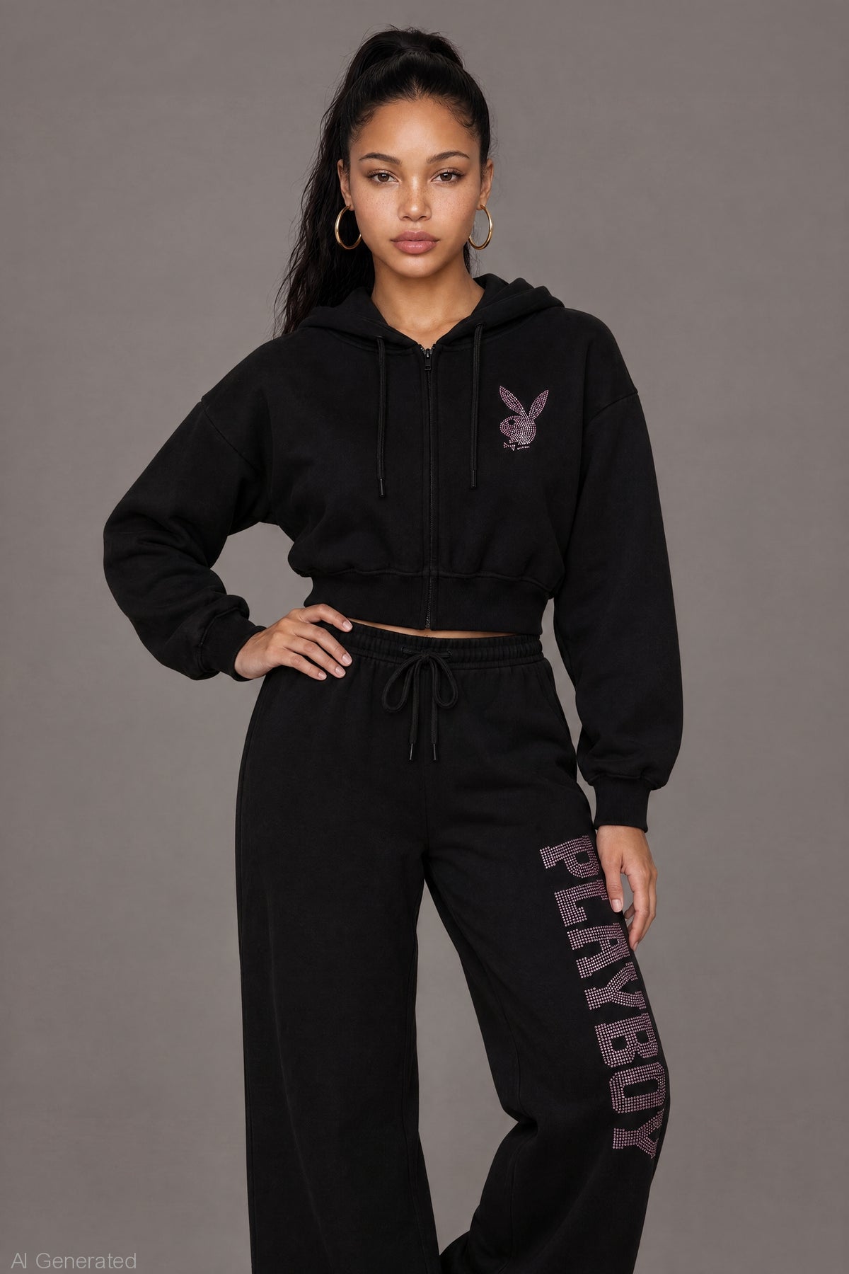 Playboy Rhinestone Cropped Zip Hoodie - Black