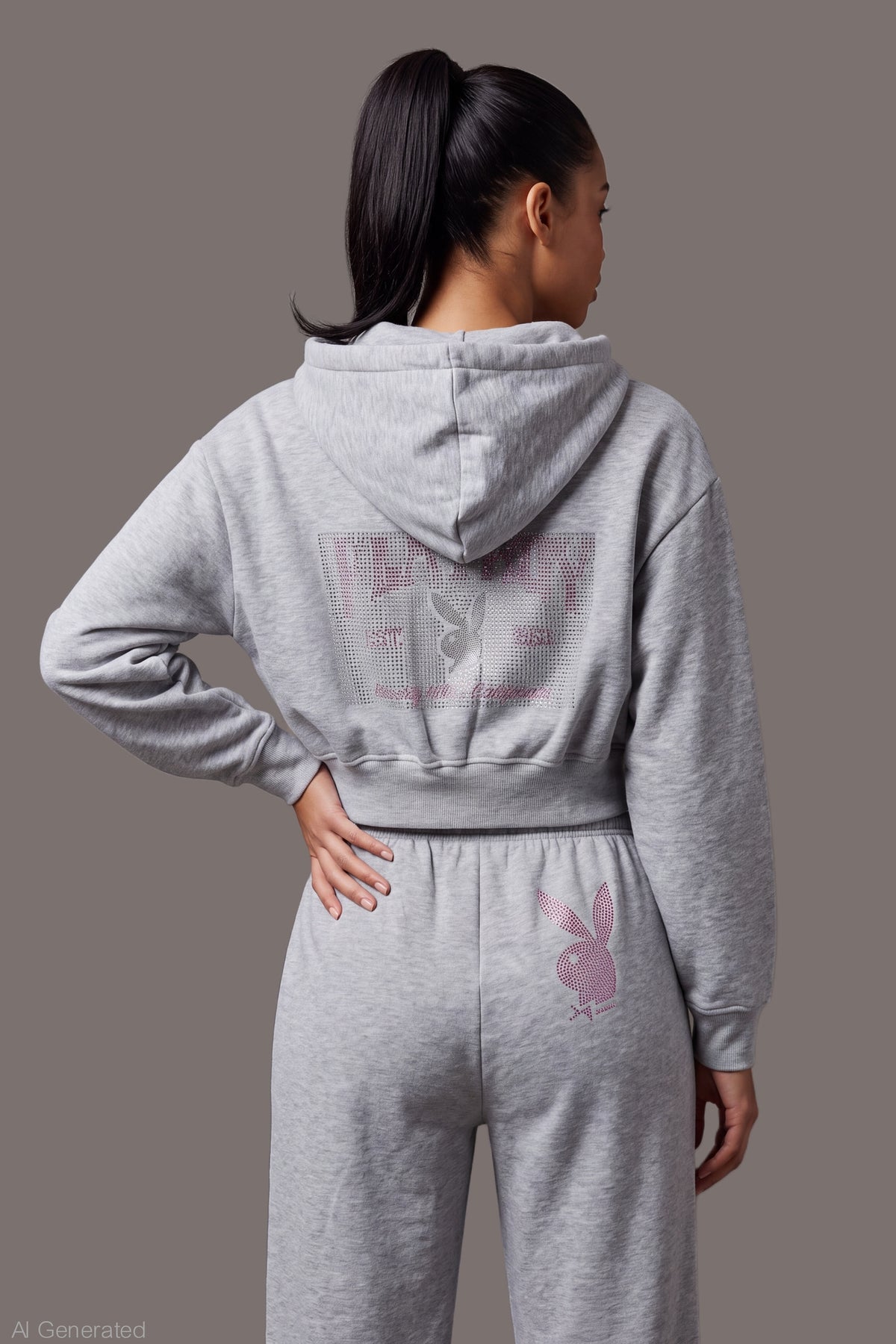 Alt View 2. Playboy Rhinestone Cropped Zip Hoodie - Heather Grey