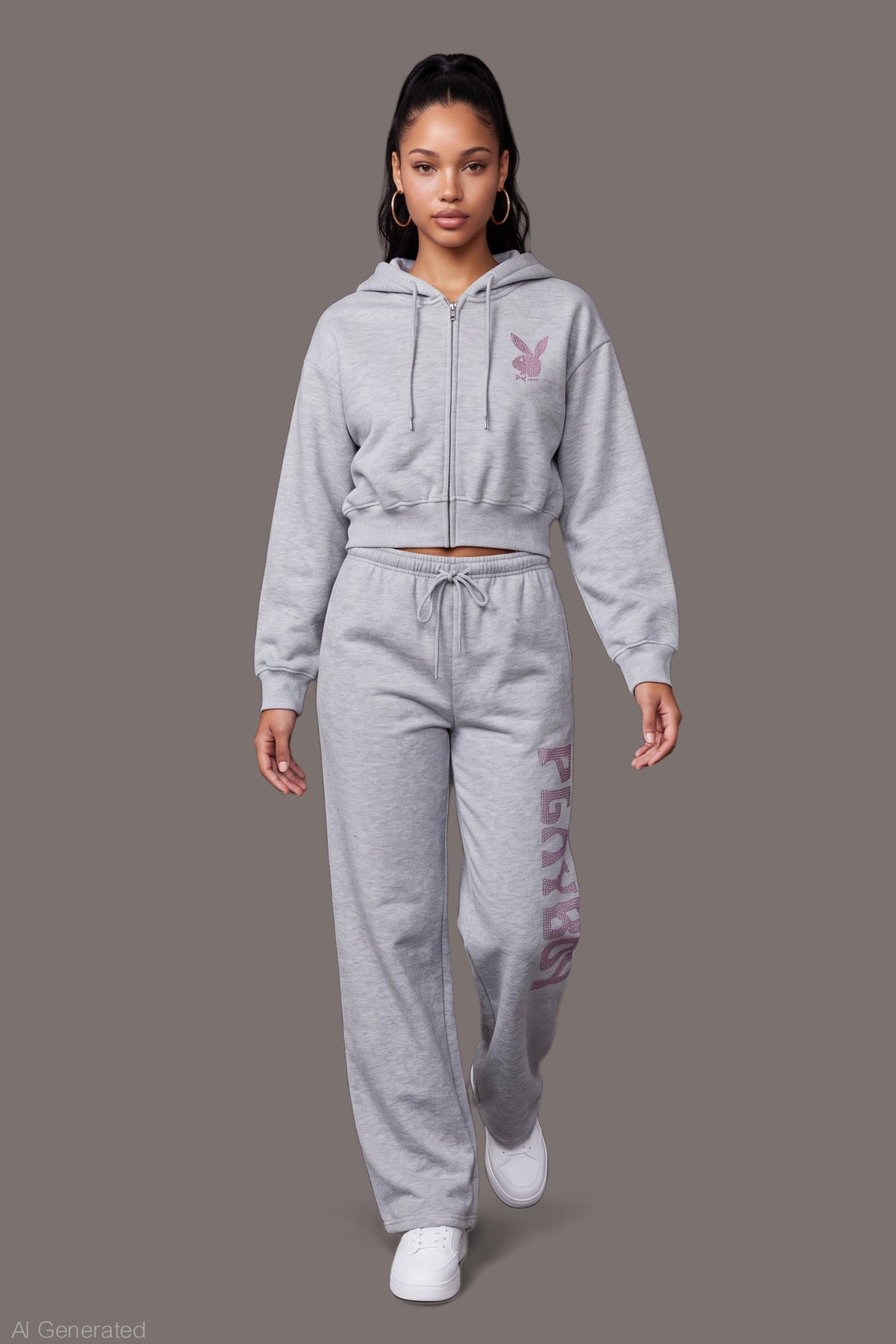 Alt View 3. Playboy Rhinestone Cropped Zip Hoodie - Heather Grey
