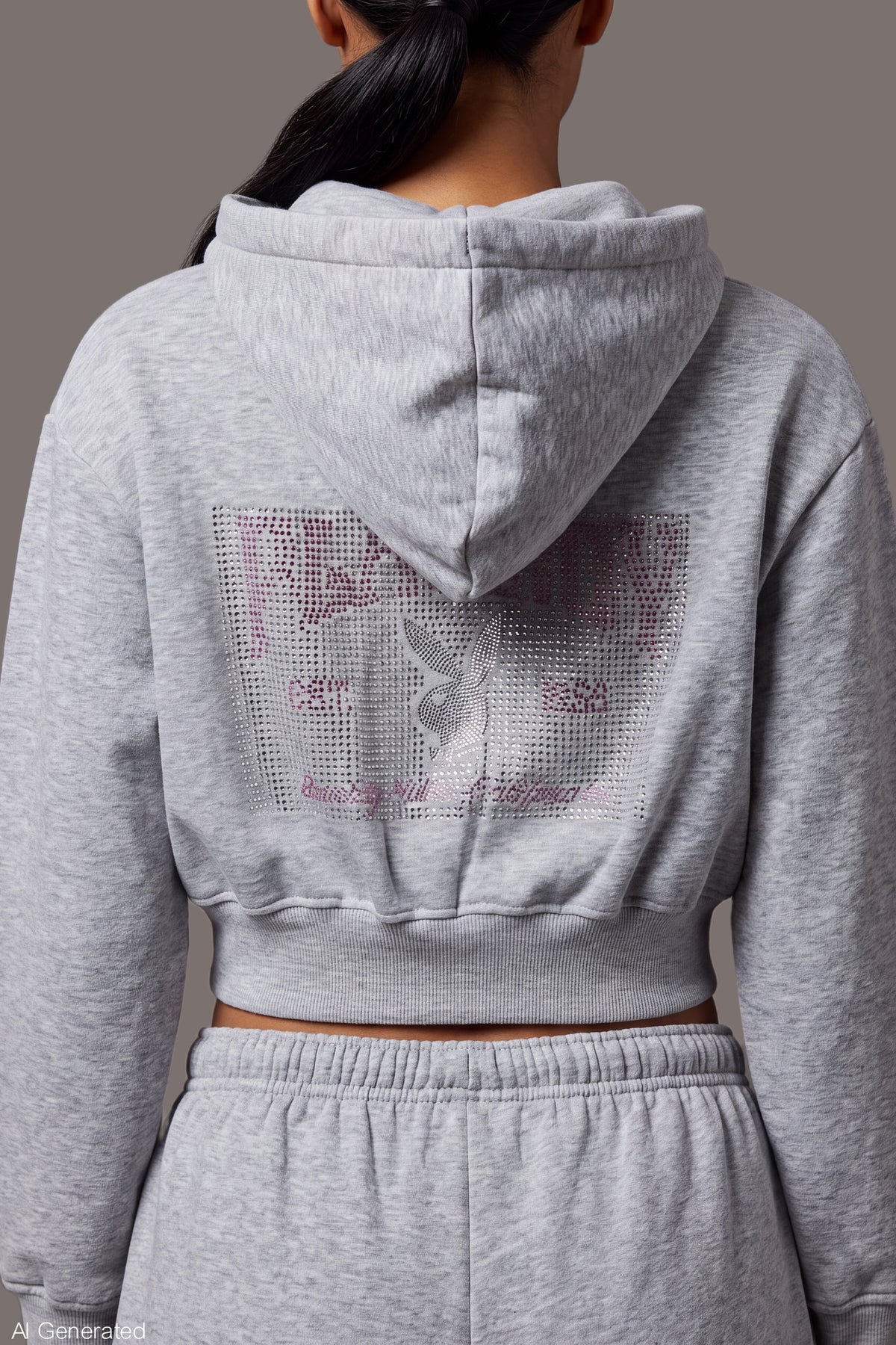 Alt View 4. Playboy Rhinestone Cropped Zip Hoodie - Heather Grey