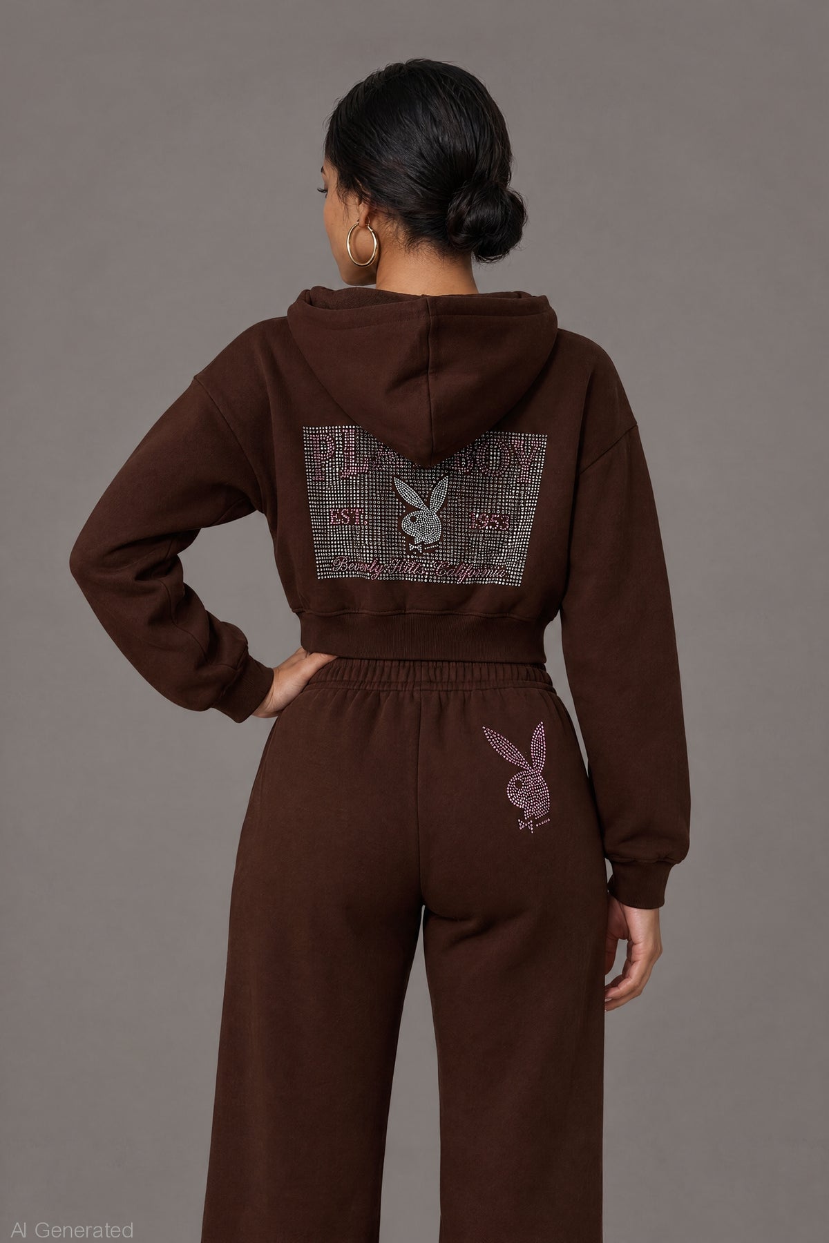 Alt View 2. Playboy Rhinestone Cropped Zip Hoodie - Brown