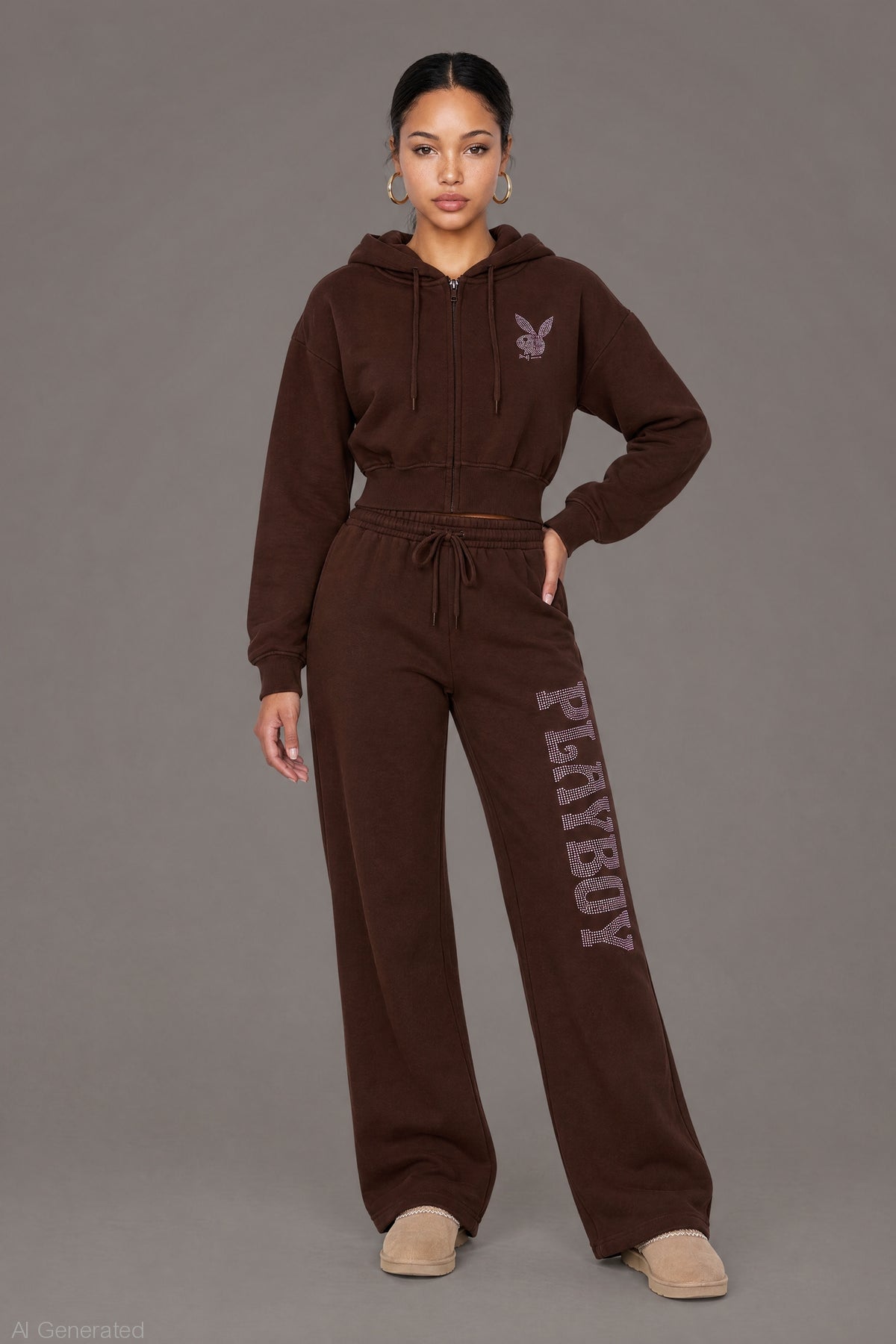 Alt View 3. Playboy Rhinestone Cropped Zip Hoodie - Brown