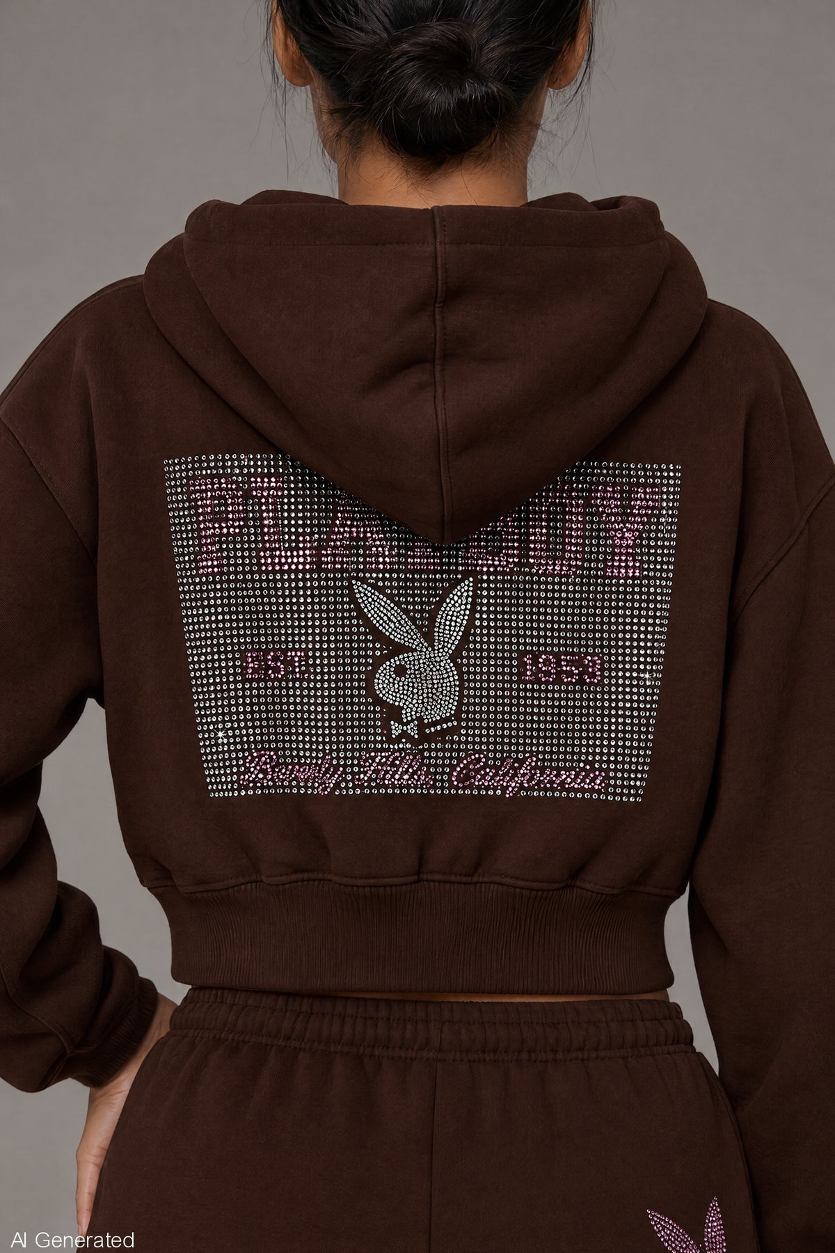 Alt View 4. Playboy Rhinestone Cropped Zip Hoodie - Brown