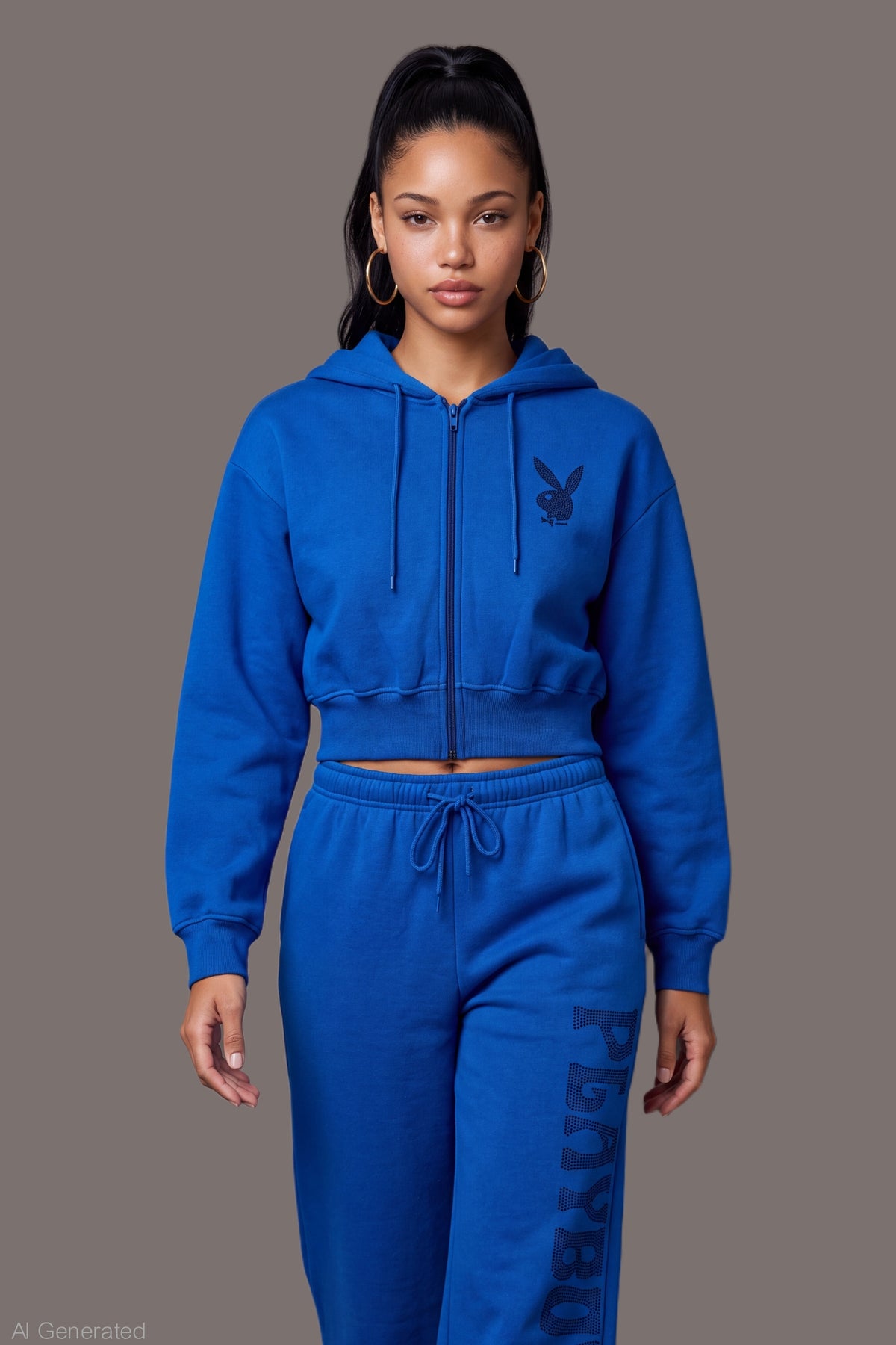 Playboy Rhinestone Cropped Zip Hoodie - Blue