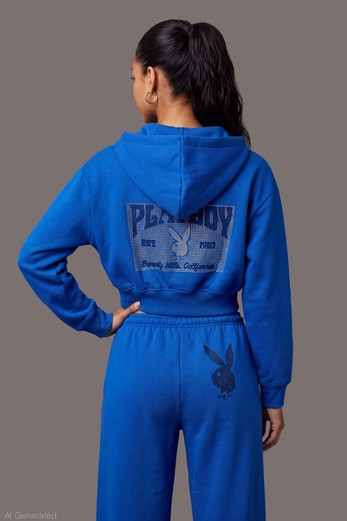 Alt View 2. Playboy Rhinestone Cropped Zip Hoodie - Blue